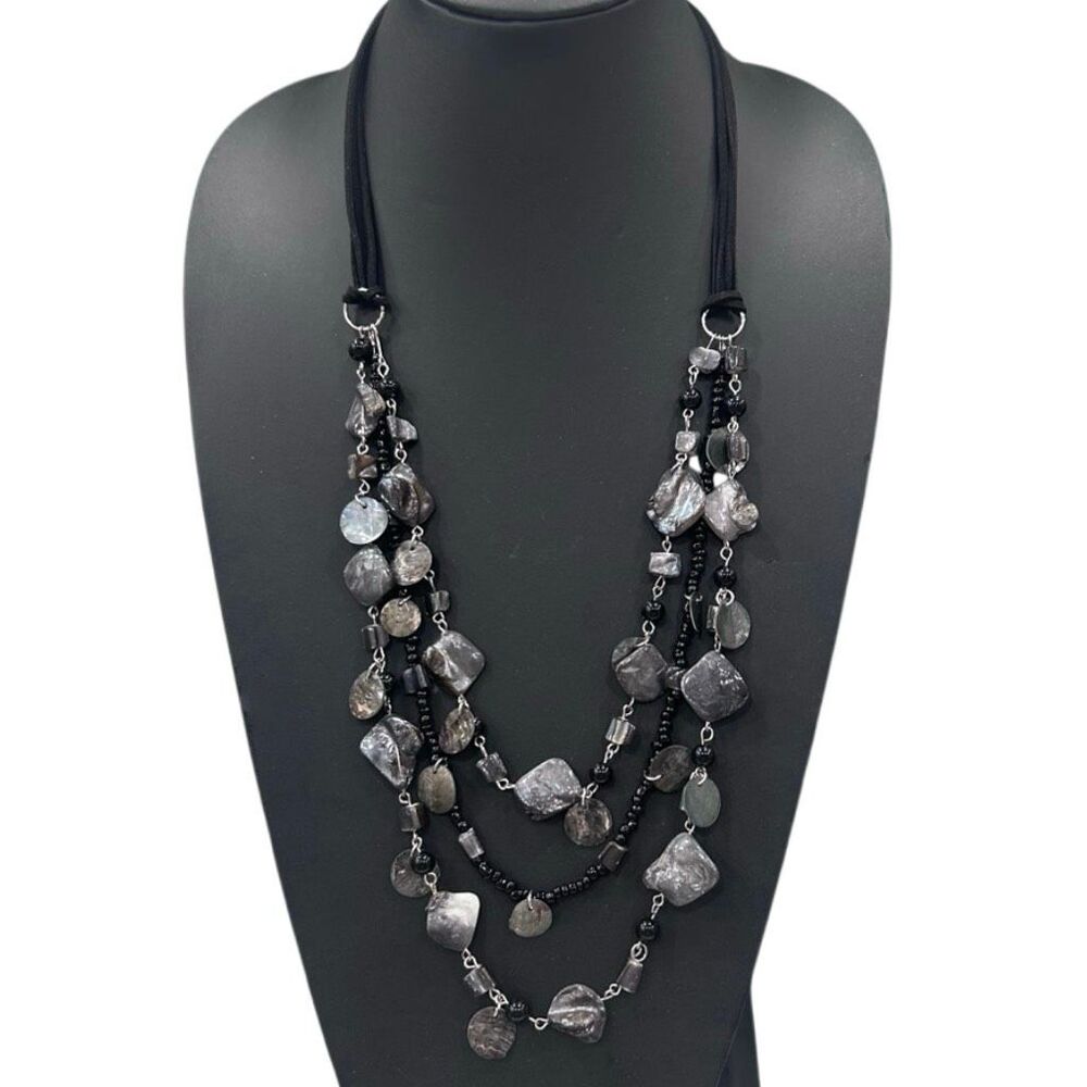 Layered Statement Necklace Womens Black Gray Beads & Mother-of-pearl Shell Discs